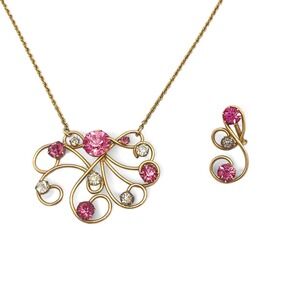 Vintage L.B CO Gold Wire Pendant‎ Necklace Pink Crystal 1/20 12K GF Filigree